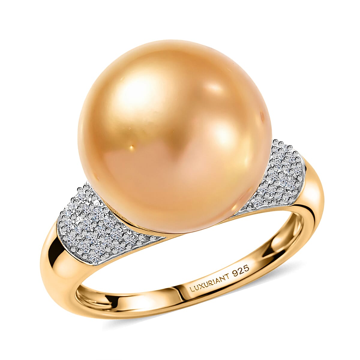 Premium South Sea Golden Cultured Pearl 13-14mm, Luxuriant Lab Grown Diamond (G-H, SI) Ring in 18K Vermeil YG Over Sterling Silver (Size 6.0) 0.30 ctw