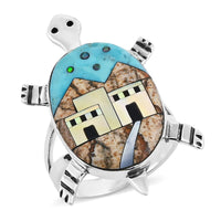 Santa Fe Style Kingman Turquoise, Multi Gemstone Pueblo Ring in Sterling Silver (Size 10.0) 7.25 ctw