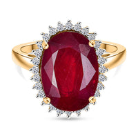 Premium Niassa Ruby (FF), Luxuriant Lab Grown Diamond (G-H, SI) (0.20 cts) Halo Ring in 18K Vermeil YG Over Sterling Silver (Size 17.0) 8.00 ctw
