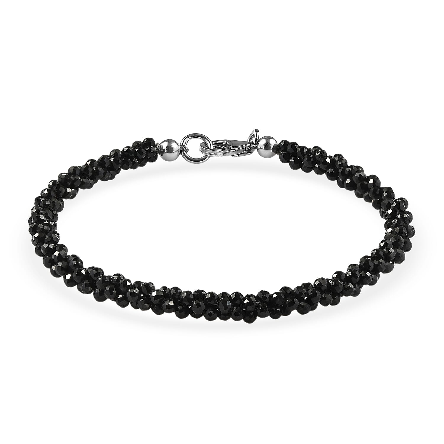 D'Joy Thai Black Spinel 27.00 ctw Twisted Three Row Beaded Bracelet in Rhodium Over Sterling Silver (7.25 In) (Del. in 10-12 Days)