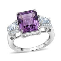 D'Joy Premium Lusaka Amethyst, Moissanite Signature Ring in Rhodium Over Sterling Silver (Size 10.0) 6.60 ctw