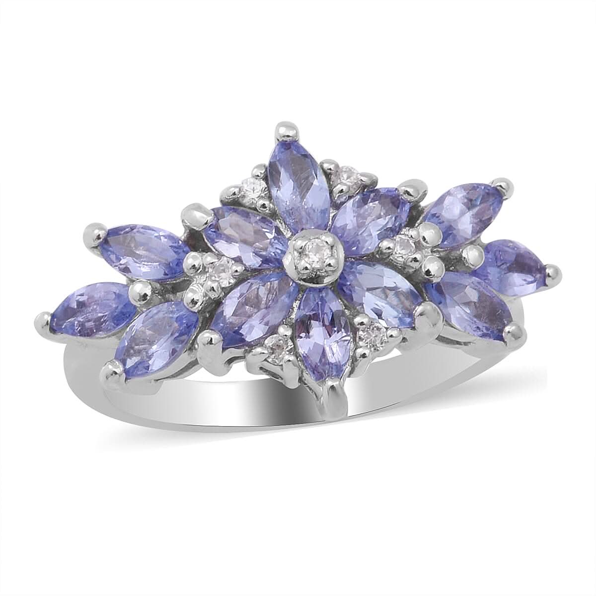 Tanzanite and Natural White Zircon Floral Ring in Platinum Over Sterling Silver (Size 9.0) 1.75 ctw