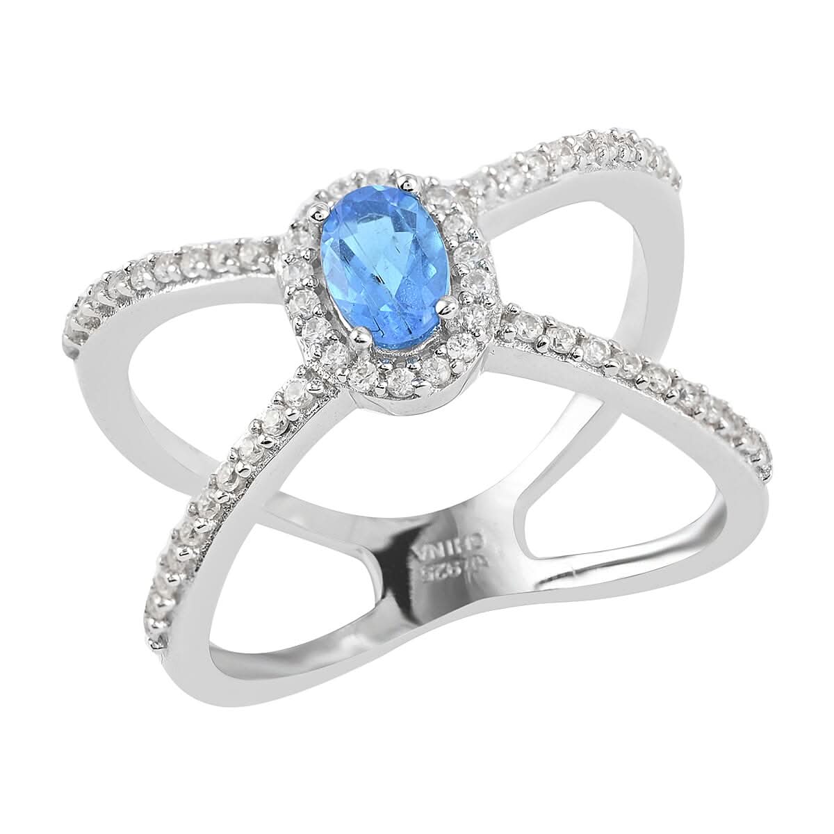 Swiss Blue Topaz and Natural White Zircon Criss Cross Ring in Sterling Silver (Size 9.0) 2.00 ctw (1)