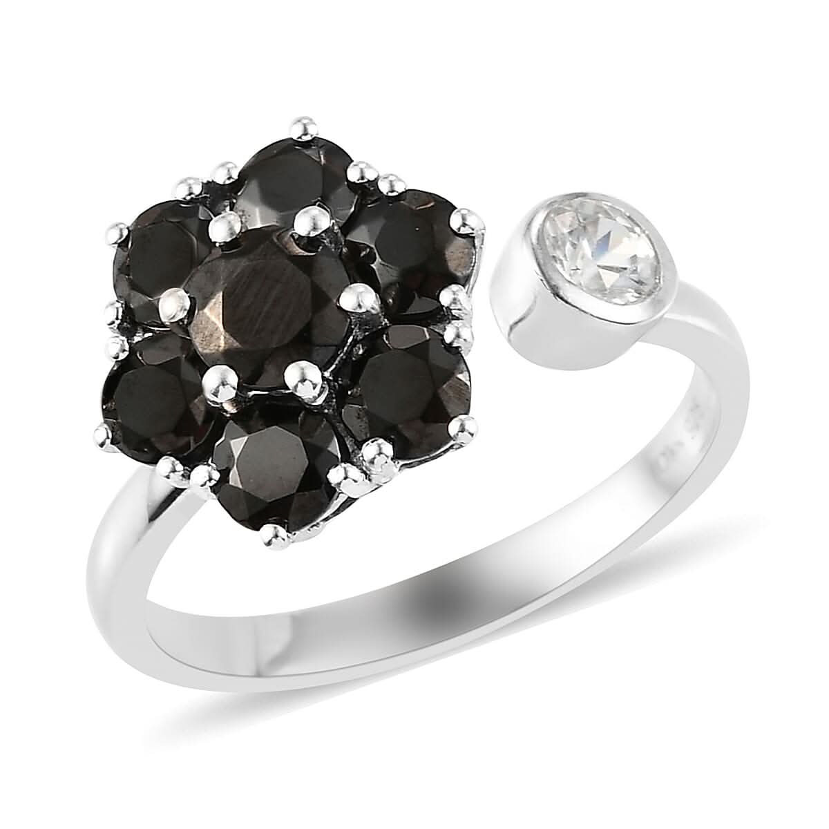 Elite Shungite and Natural White Zircon Floral Anxiety Spinner Openable Band Ring in Platinum Over Sterling Silver (Adjustable Size Large 9-11) 1.75 ctw