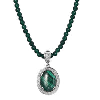 African Malachite Pendant with Green Quartzite Beaded Necklace 20 Inches in Stainless Steel 90.85 ctw