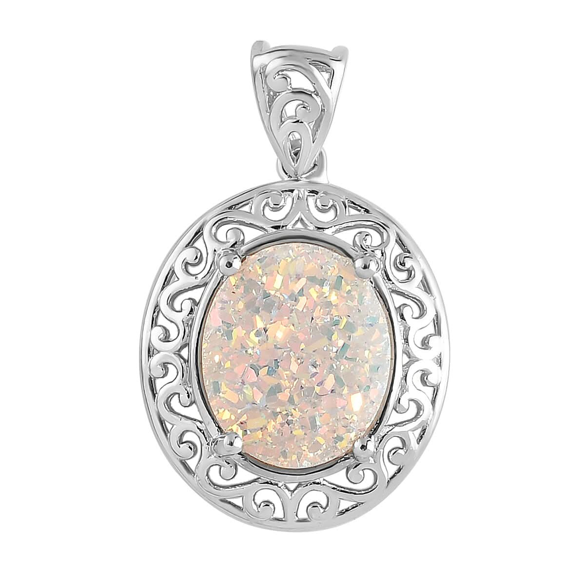 Pearl Shimmer Drusy Quartz Pendant in Platinum Over Copper
