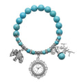 STRADA Blue Howlite Beaded, Austrian Crystal Japanese Movement Stretch Bracelet Watch with Elephant and Fairy Charm in Silvertone (7-7.50 In) 30.00 ctw - Sticky add to cart bar