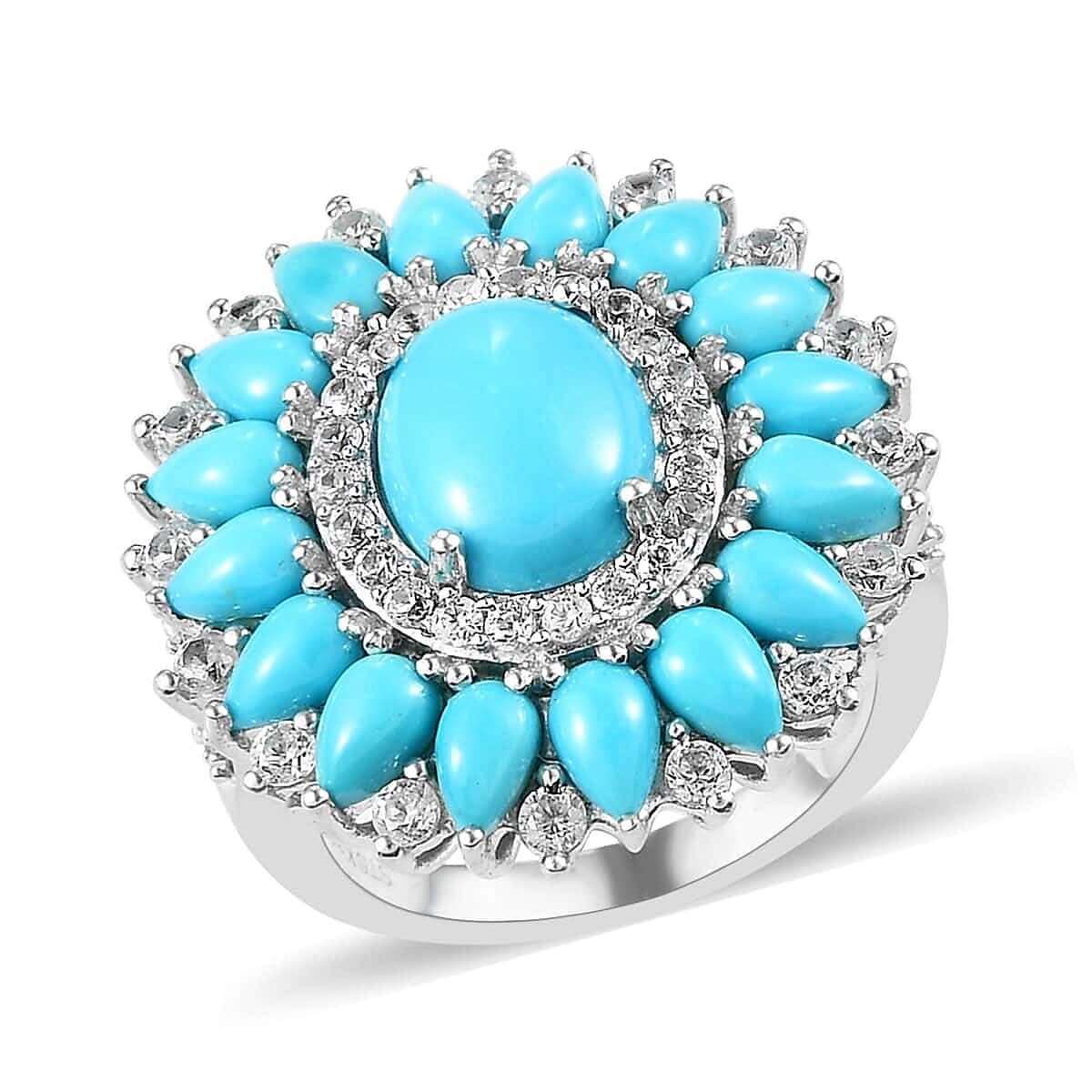 KARIS AMERICAN Natural Sleeping Beauty Turquoise and Natural White Zircon Cluster Ring in Platinum Bond (Size 7.0) 6.90 ctw