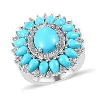 KARIS AMERICAN Natural Sleeping Beauty Turquoise and Natural White Zircon Cluster Ring in Platinum Bond (Size 7.0) 6.90 ctw