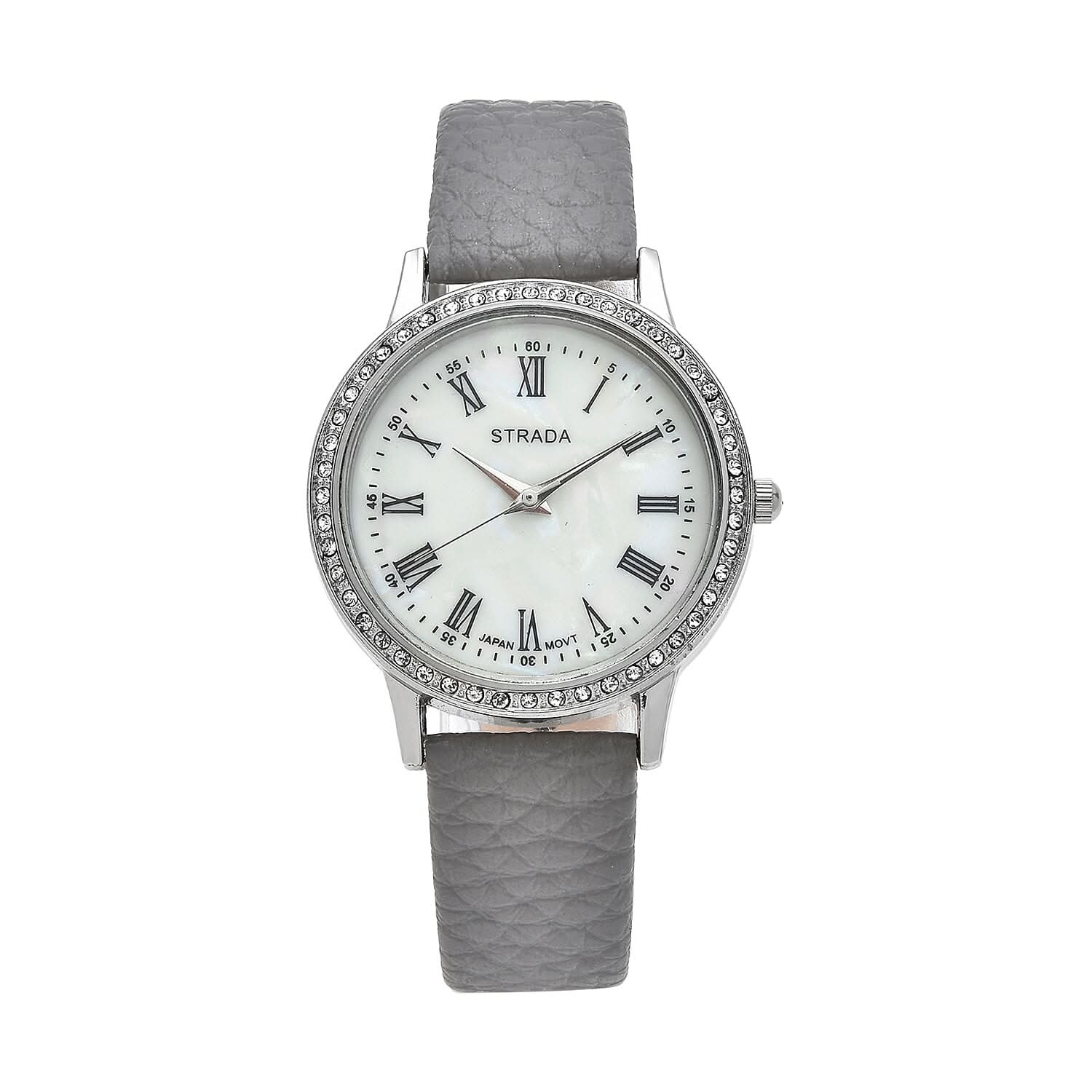 Strada Japanese Movement Simulated MOP Carved Dial Watch With Gray Faux Leather Strap (34mm)