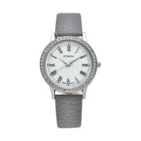 Strada Japanese Movement Simulated MOP Carved Dial Watch With Gray Faux Leather Strap (34mm)