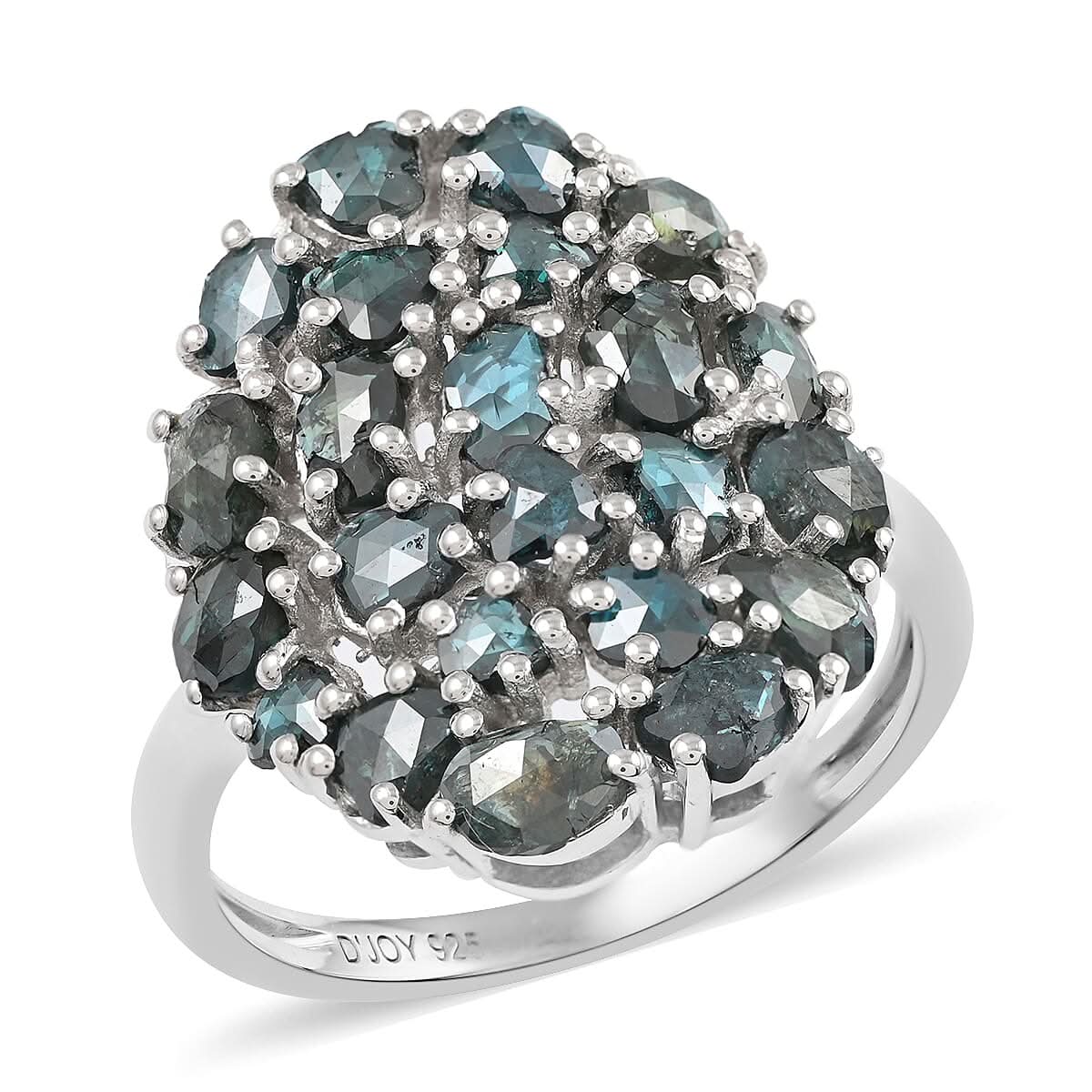 Blue Diamond (IR) Cluster Ring in Rhodium Over Sterling Silver 3.00 ctw