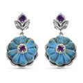 Mojave Blue Turquoise and Amethyst Floral Earrings in Platinum Over Sterling Silver 21.15 ctw - Sticky add to cart bar