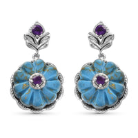 Mojave Blue Turquoise and Amethyst Floral Earrings in Platinum Over Sterling Silver 21.15 ctw