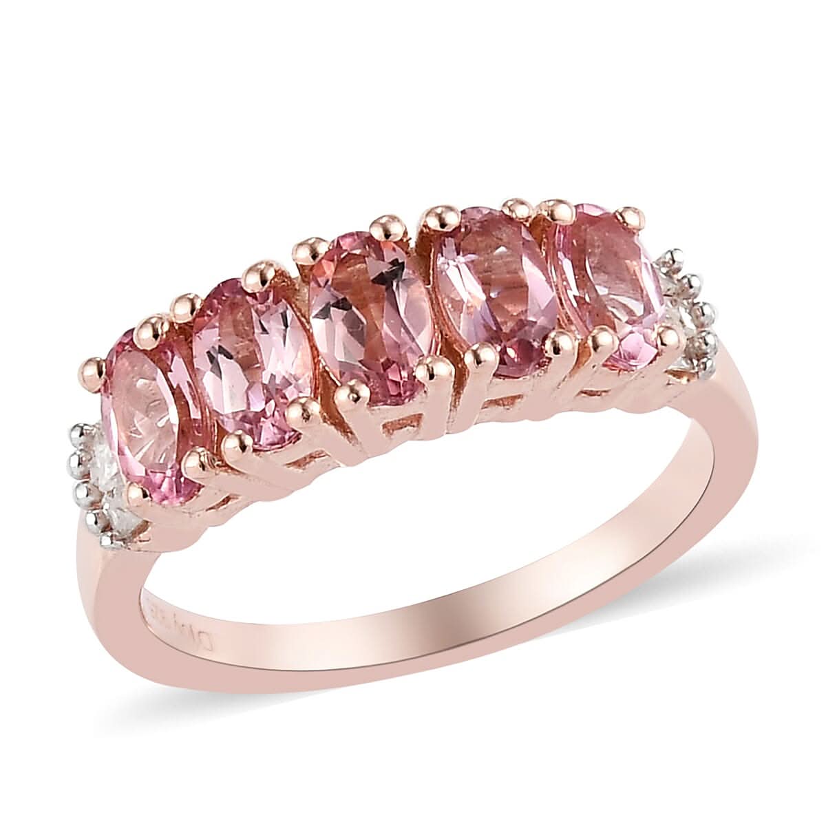 Natural Blush Tourmaline and Diamond 5 Stone Ring in Vermeil Rose Gold Over Sterling Silver (Size 9.0) 1.10 ctw (1)
