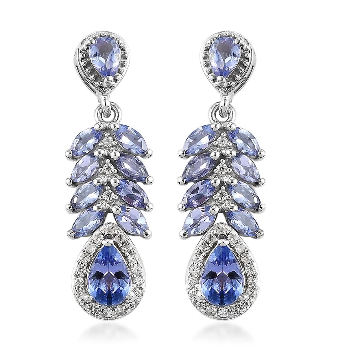 Tanzanite and White Zircon Dangling Earrings in Platinum Over Sterling Silver 2.90 ctw
