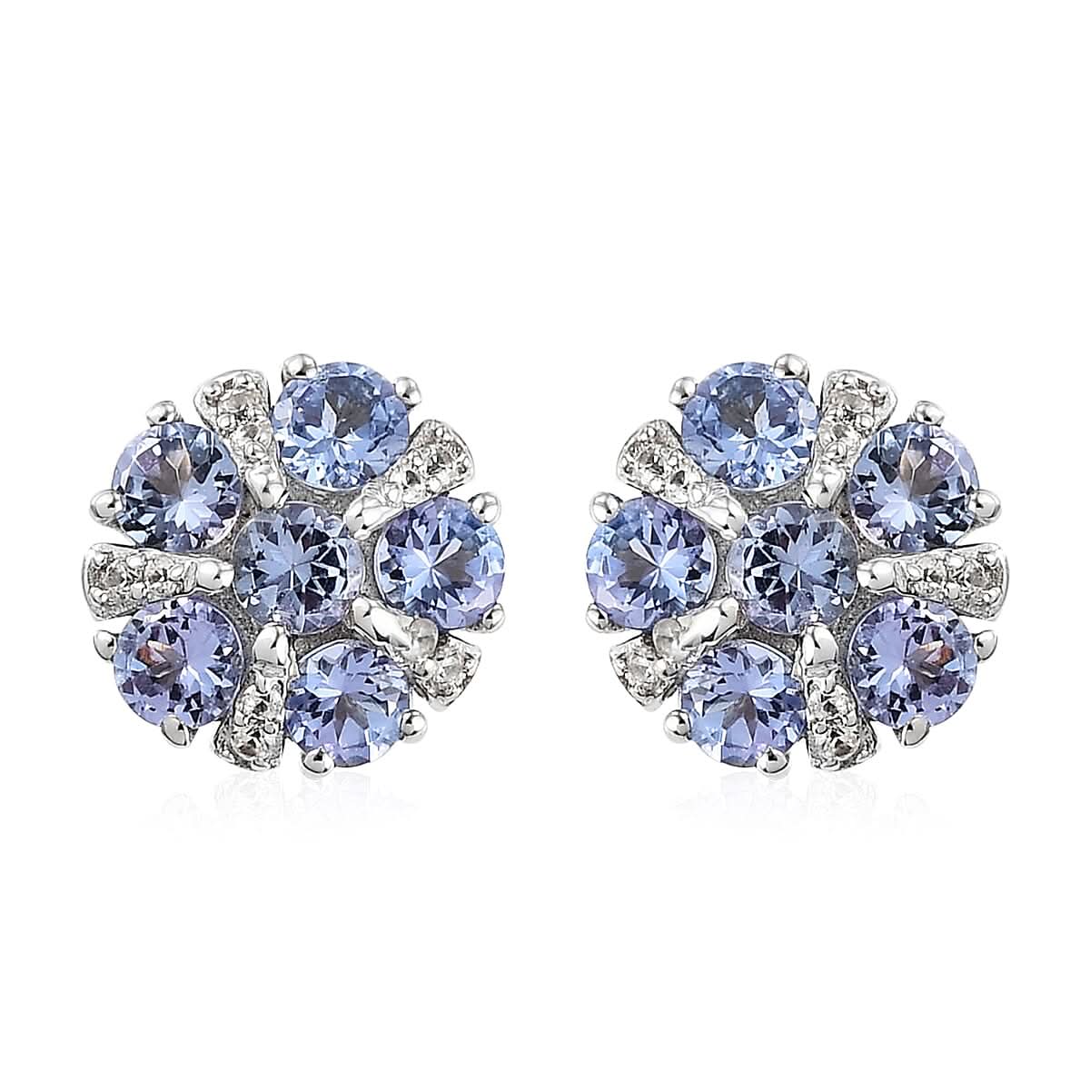 Tanzanite and Natural White Zircon Flower Stud Earrings in Platinum Over Sterling Silver 1.25 ctw