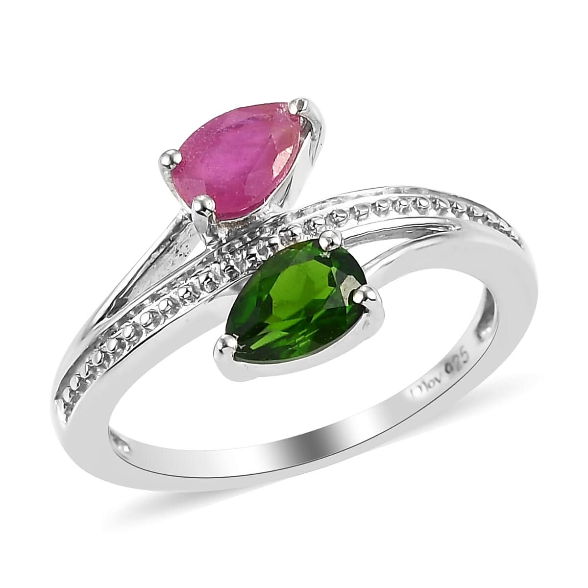 Niassa Ruby and Natural Chrome Diopside Ring in Platinum Over Sterling Silver (Size 5.0) 1.30 ctw (1)