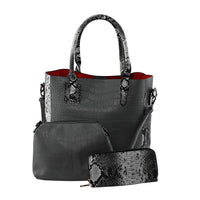 HARPER AND HYPE Designer Closeout Set of 3 Black Croco mix snake Embossed Vegan Leather Tote, Crossbody Bag and Wallet