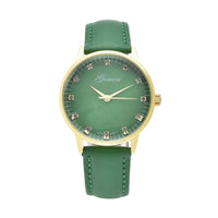 Genoa Red Diamond Miyota Japanese Movement Simulated Red MOP Carved Dial Watch with Green Leather Strap (36mm) (7.25-8.25Inches) 0.12 ctw