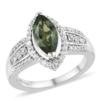 Bohemian Moldavite and Natural White Zircon Ring in Platinum Over Sterling Silver (Size 5.0) 1.40 ctw