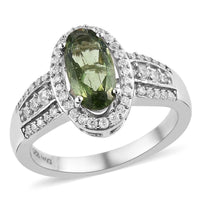 Bohemian Moldavite and Natural White Zircon Ring in Platinum Over Sterling Silver (Size 10.0) 1.60 ctw