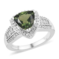 Bohemian Moldavite and Natural White Zircon Ring in Platinum Over Sterling Silver 2.10 ctw