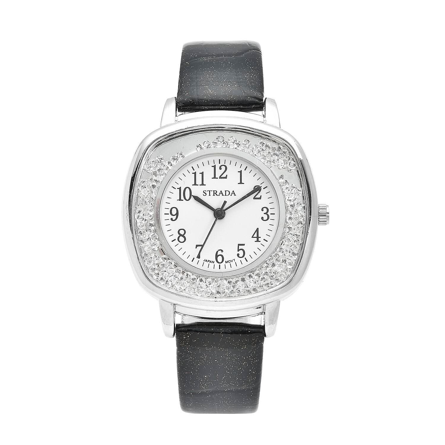Strada Japanese Movement White Austrian Crystal Watch with Black Faux Leather Strap (36mm) (7.25-8.75 Inches)