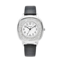 Strada Japanese Movement White Austrian Crystal Watch with Black Faux Leather Strap (36mm) (7.25-8.75 Inches)