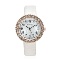 STRADA Austrian Crystal Japanese Movement Watch with White Faux Leather Strap (36mm) (7.0-8.0 Inch)