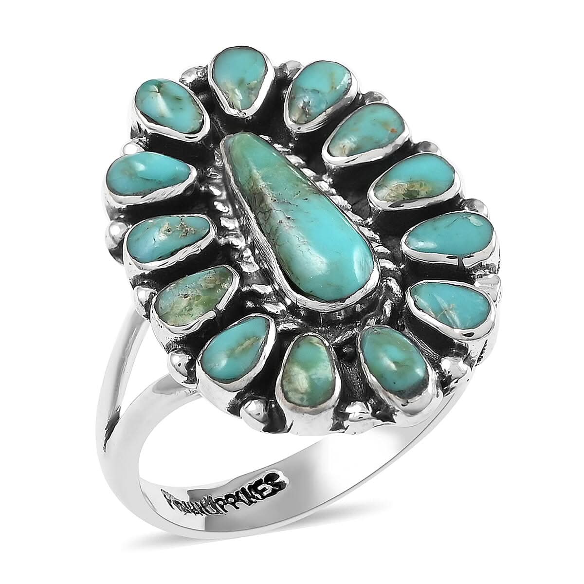 SANTA FE Style Turquoise Elongated Flower Ring in Sterling Silver 2.00 ctw