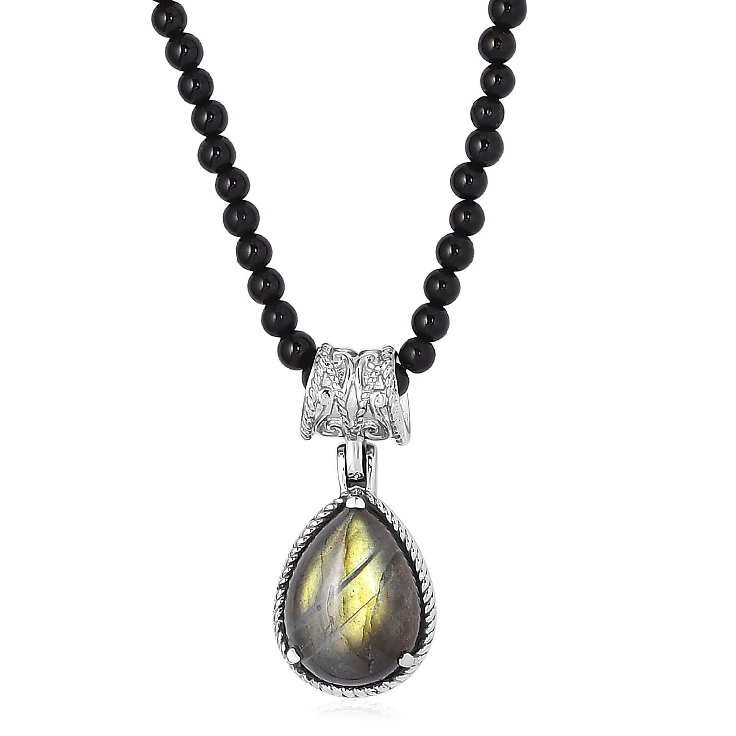 Malagasy Labradorite Solitaire Pendant with Black Agate Beaded Necklace 20 Inches in Stainless Steel 73.75 ctw