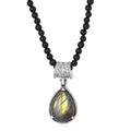 Malagasy Labradorite Solitaire Pendant with Black Agate Beaded Necklace 20 Inches in Stainless Steel 73.75 ctw - Sticky add to cart bar