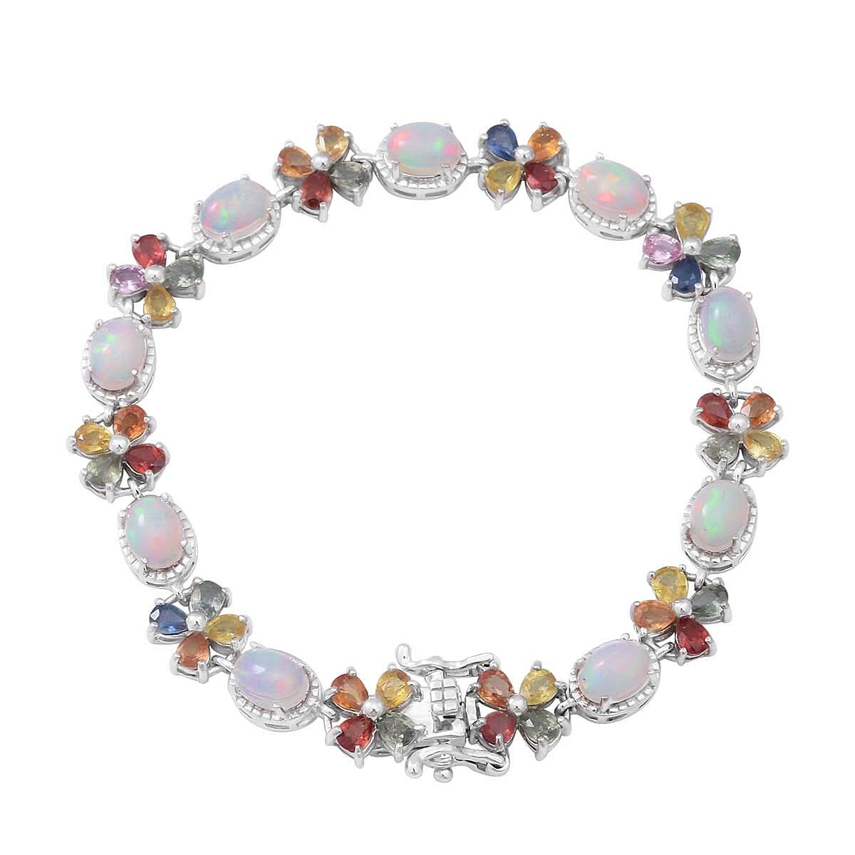 Ethiopian Welo Opal and Multi Sapphire Bracelet in Platinum Over Sterling Silver (8.00 In) 13.65 Grams 14.90 ctw (1)