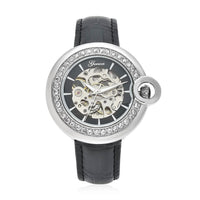 GENOA Simulated Diamond Automatic Mechanical Movement Watch with Black Genuine Leather Strap (40mm) (7.25-8.25 Inches) 1.10 ctw