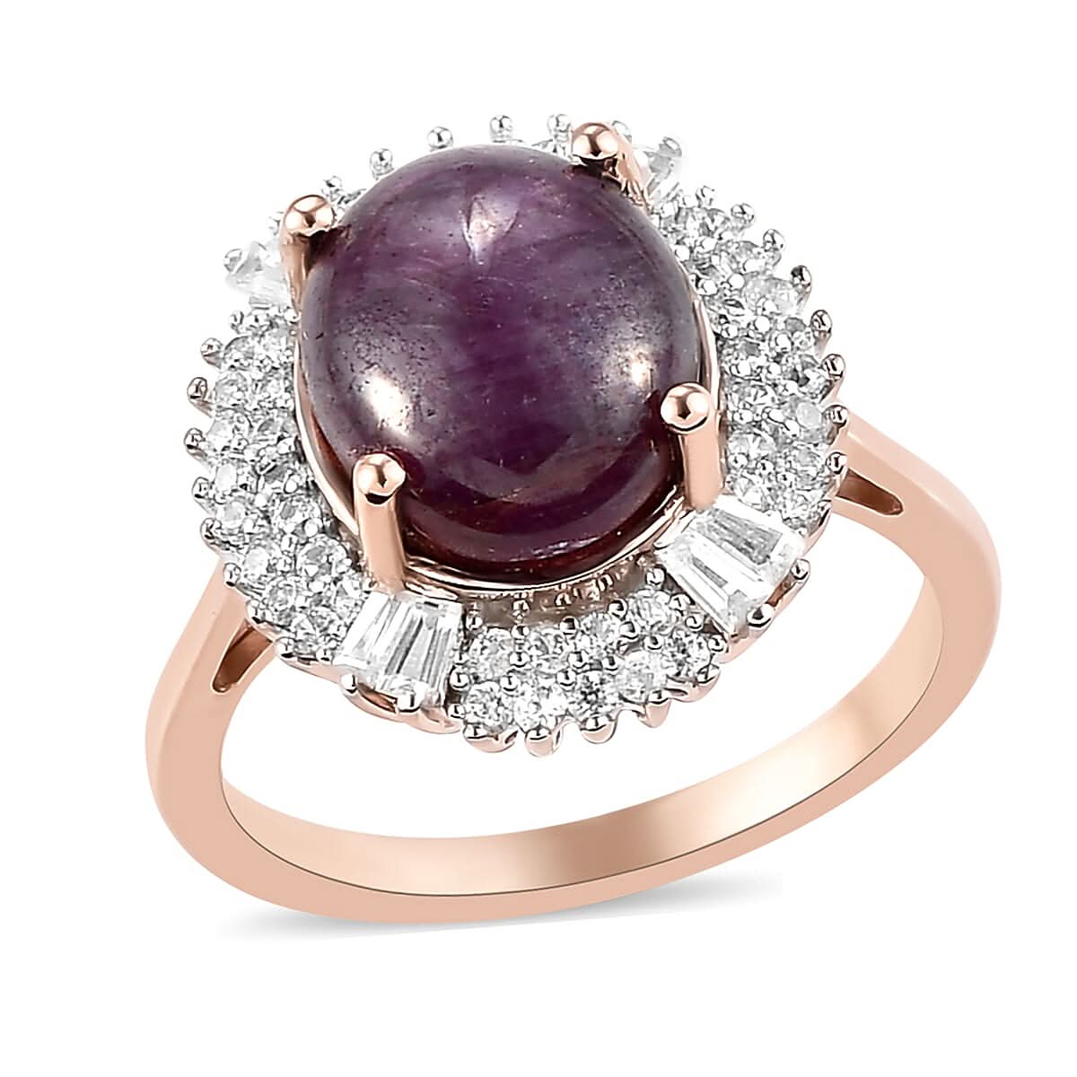 Indian Star Ruby and Natural White Zircon Halo Ring in Vermeil Rose Gold Over Sterling Silver (Size 9.0) 7.35 ctw (1)