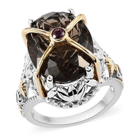 Columbianite Carved and Orissa Rhodolite Garnet Fancy Ring in Vermeil Yellow Gold and Platinum Over Sterling Silver (Size 10.0) 8.10 ctw