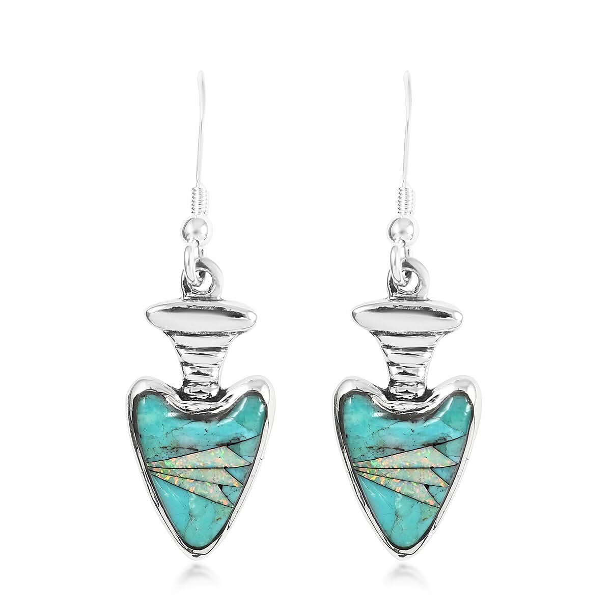 SANTA FE Style Turquoise and Lab Created Opal Dangle Earrings in Sterling Silver 0.40 ctw
