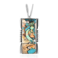 SANTA FE Style Spiny Turquoise and Multi Gemstone Kokopelli Pendant in Sterling Silver 1.25 ctw
