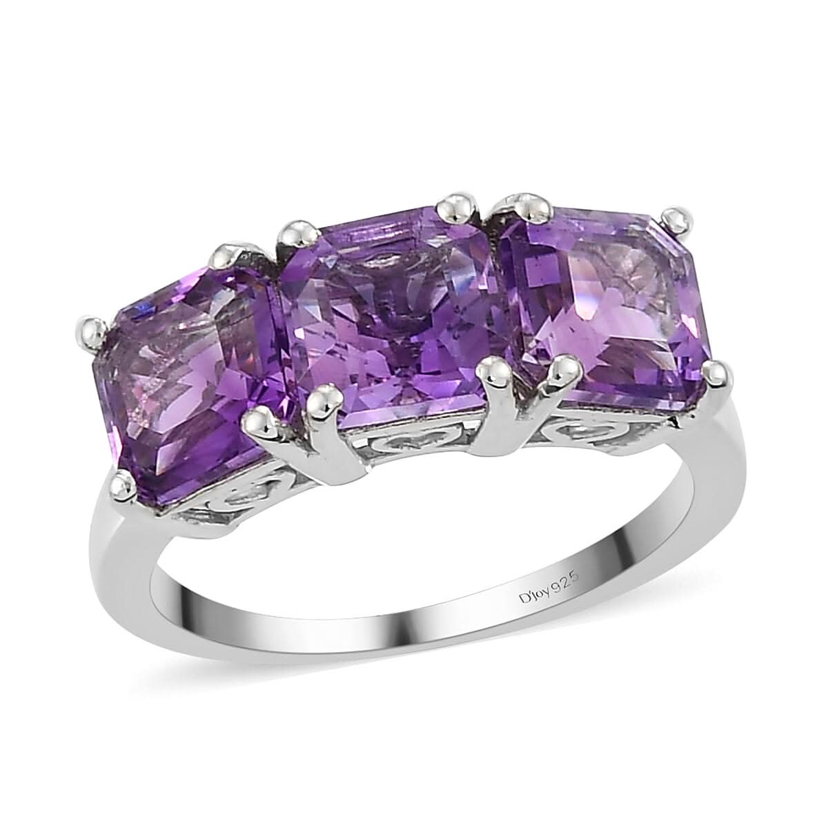Asscher Cut Moroccan Amethyst 3 Stone Ring in Platinum Over Sterling Silver (Size 10.0) 3.10 ctw
