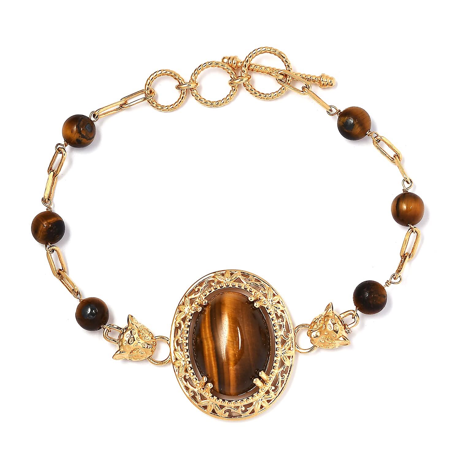 Karis South African Tiger's Eye Paper Clip Chain Toggle Clasp Adjustable Bracelet in 18K YG Plated (6.50-8.50In) 26.90 ctw