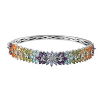 Multi Gemstone Floral Spray Bangle Bracelet in Platinum Over Sterling Silver (7.25 In) 22.40 Grams 11.30 ctw