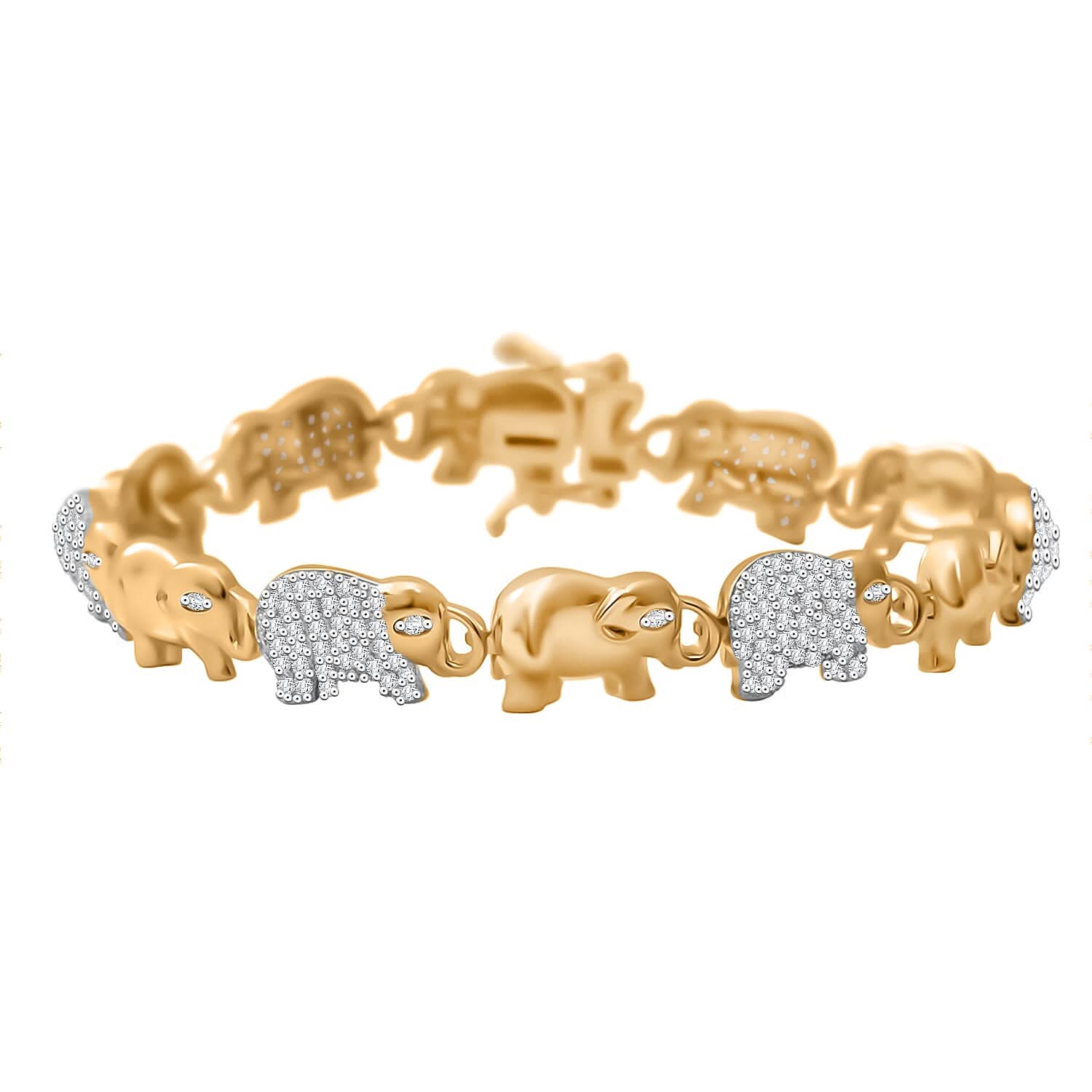 Simulated Diamond Elephant Bracelet in YG and Rhodium Over Sterling Silver (7.50 In)