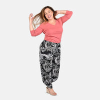 TAMSY Black and Beige Leaves Print Pattern Trousers - One Size Missy