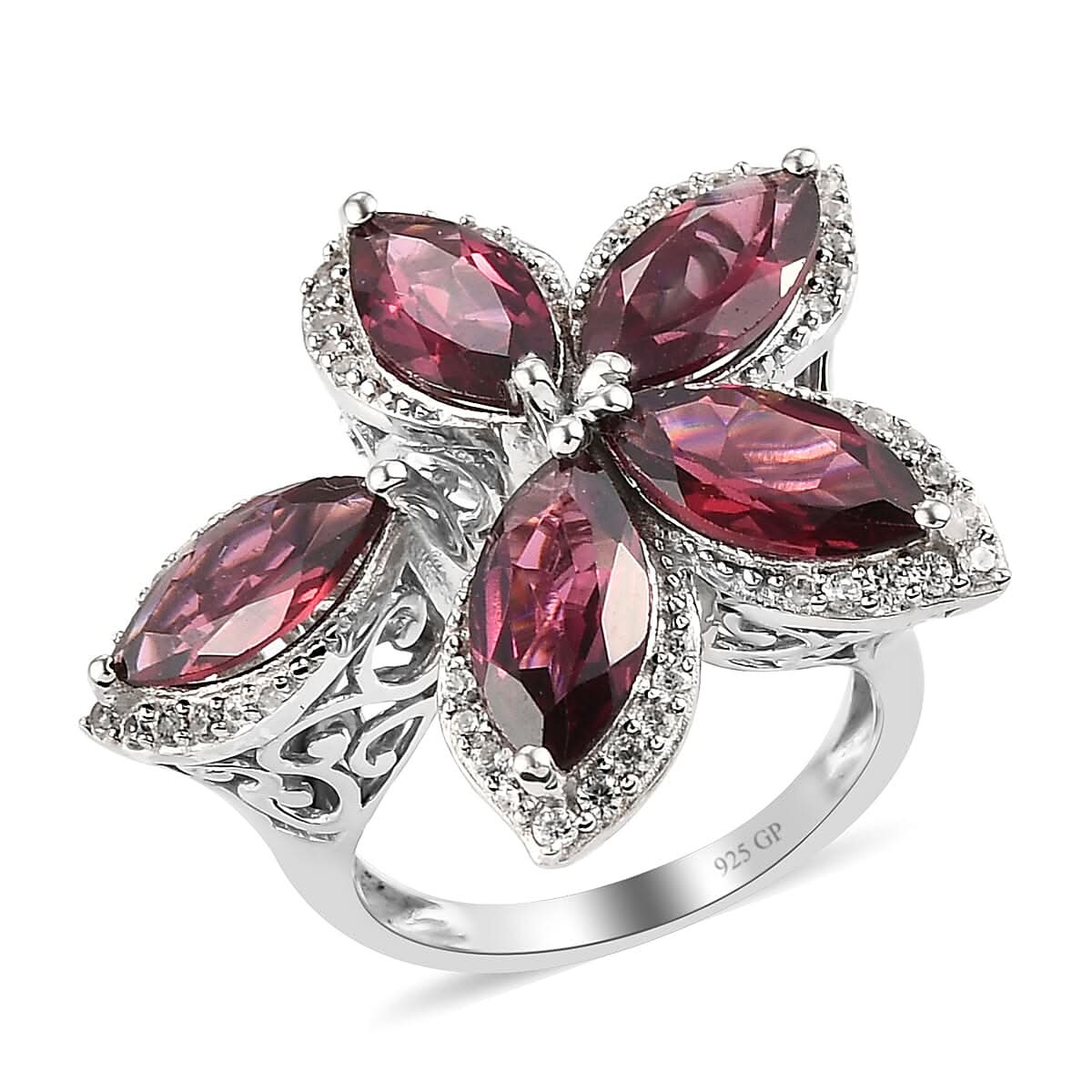 GP Italian Garden Collection Orissa Rhodolite Garnet and Natural White Zircon Bypass Floral Ring in Platinum Over Sterling Silver (Size 10.0)