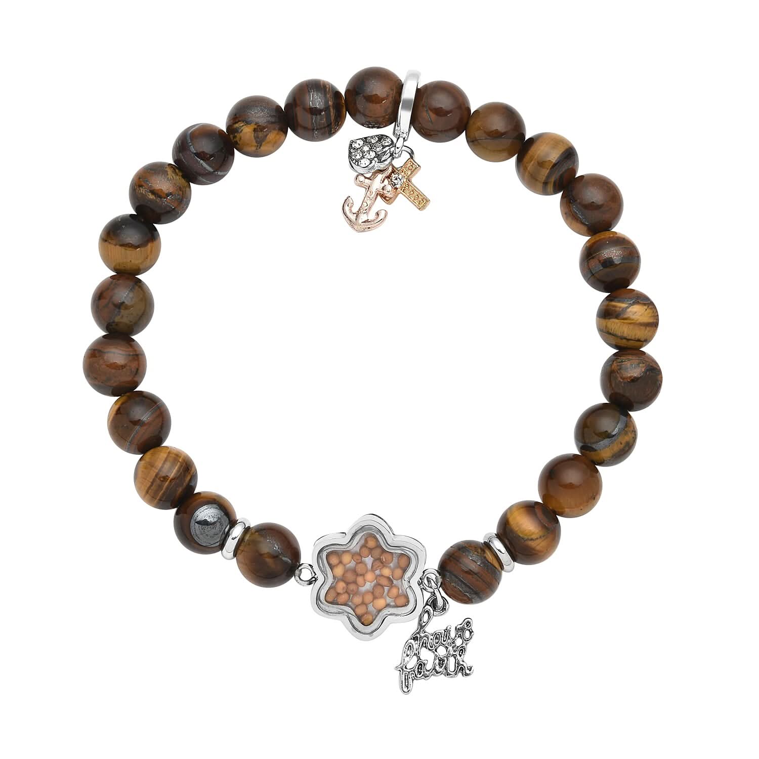 Amazonite and Austrian Crystal Beaded Stretch Bracelet with Have Faith & Three Shaped Charms in Silvertone & Stainless Steel 102.00 ctw