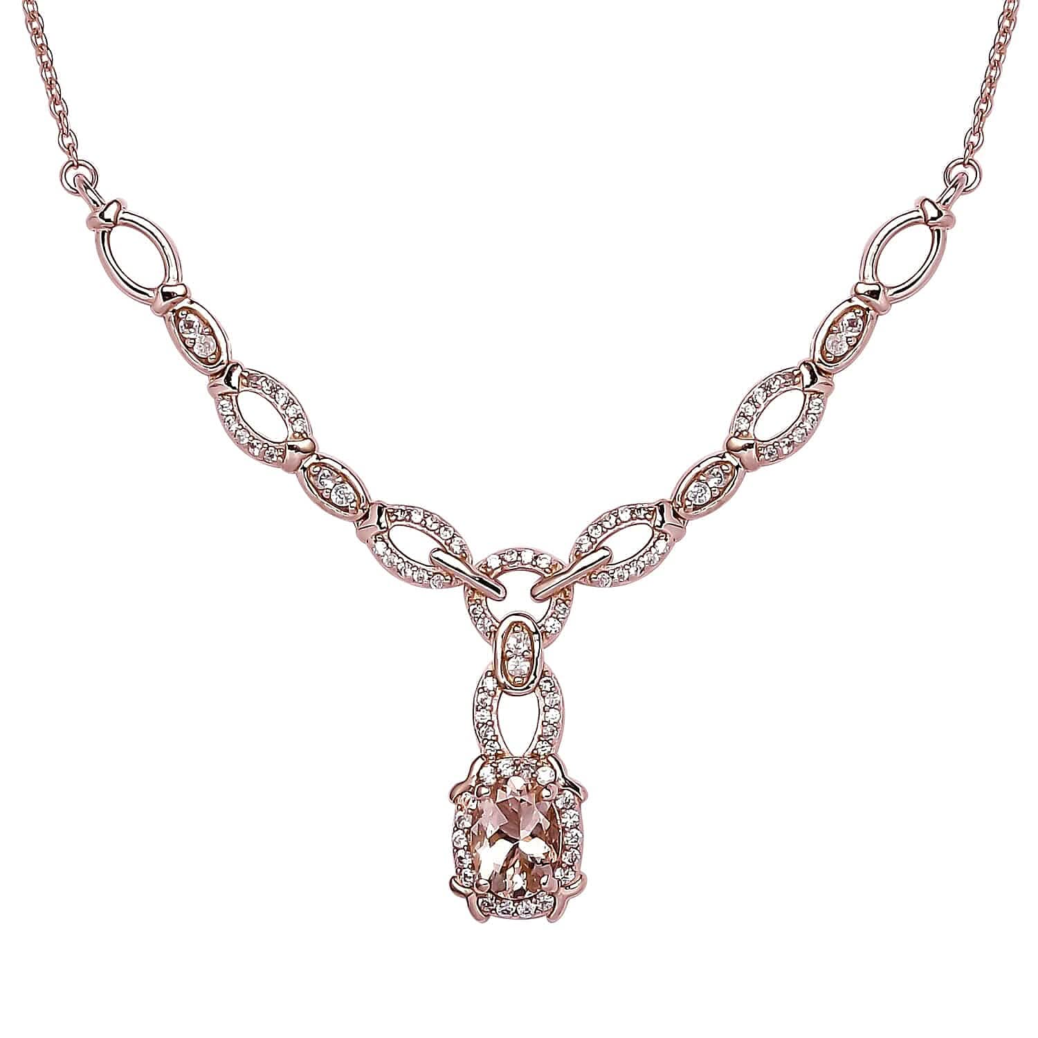Premium Marropino Morganite and Natural White Zircon Necklace 18 Inches in Vermeil Rose Gold Over Sterling Silver 2.10 ctw