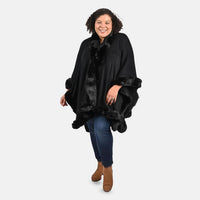TAMSY Black Ruana with Faux Fur Trim - One Size Fits Most
