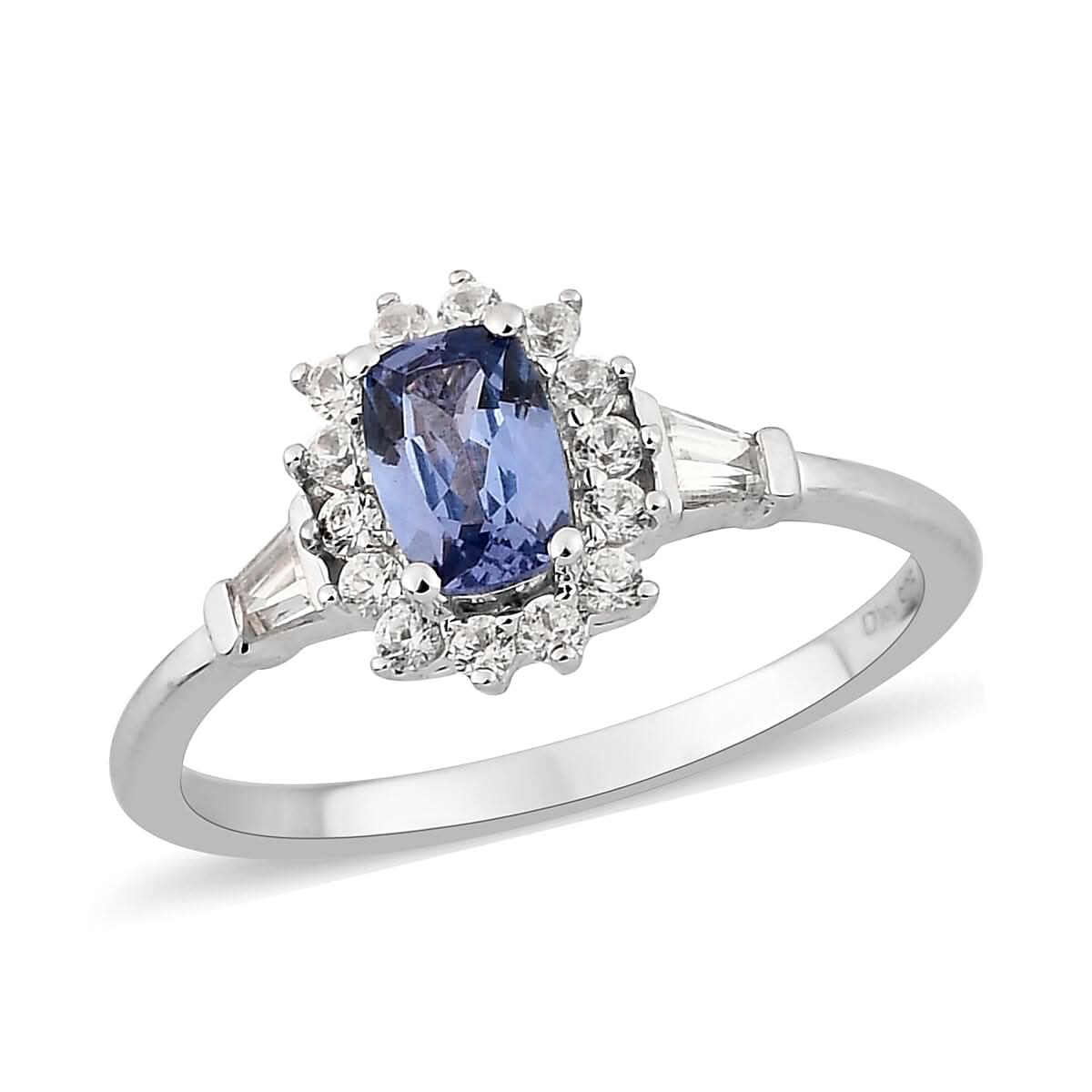 Tanzanite and White Zircon Halo Ring in Platinum Over Sterling Silver (Size 8.0) 1.00 ctw (1)