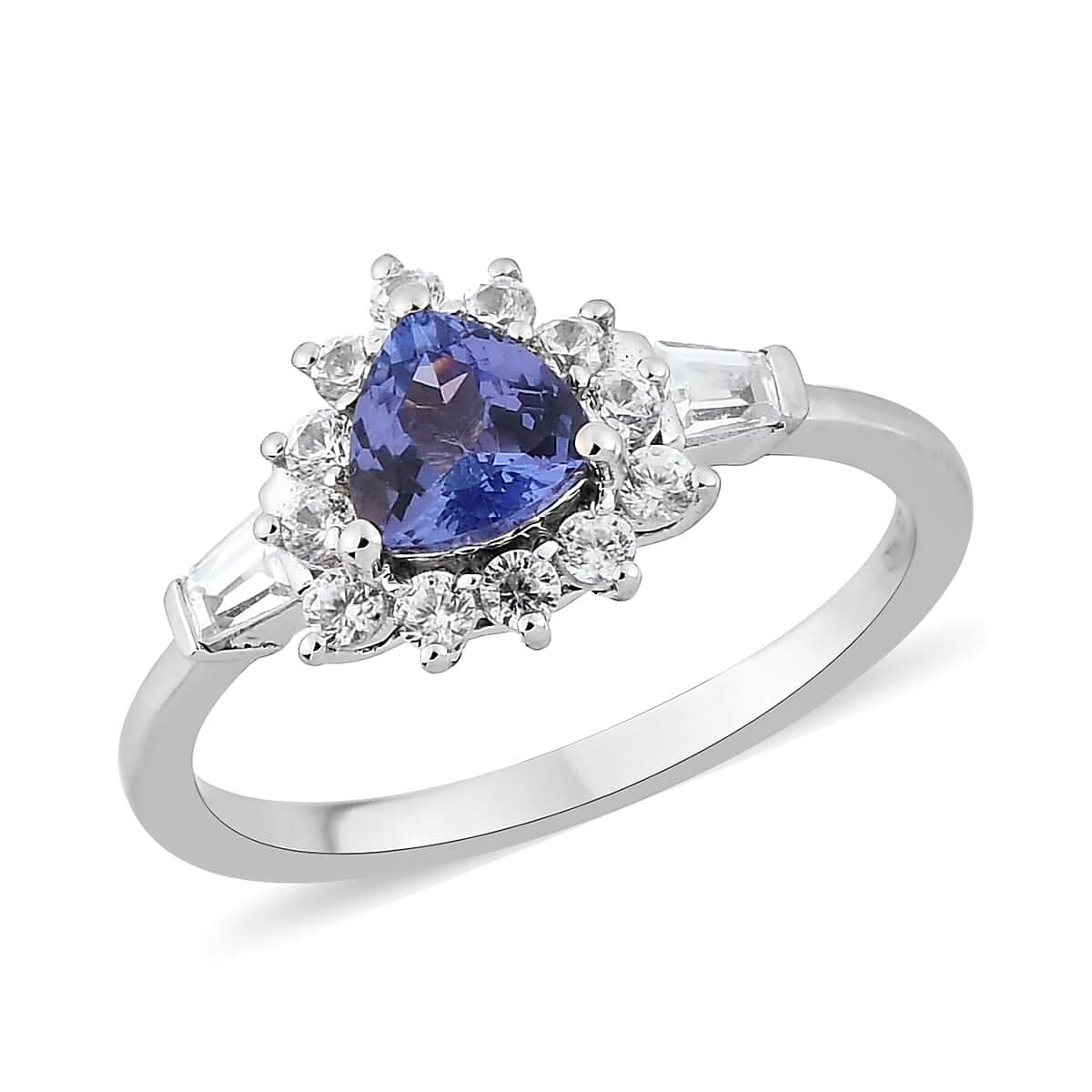 Tanzanite and White Zircon Halo Ring in Platinum Over Sterling Silver (Size 5.0) 1.15 ctw